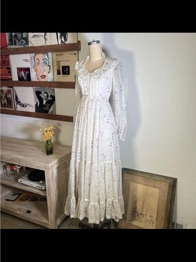 Gunne Sax Cream Floral Ruffled Maxi Dress